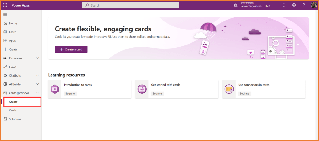 Screenshot of where to find Cards in Power Apps