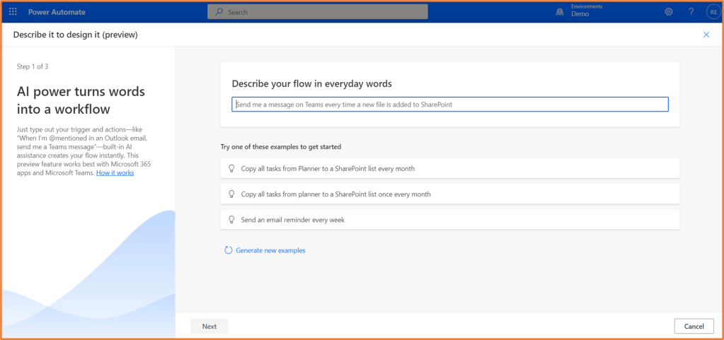Screenshot of Power Automate: Describe it to design it 