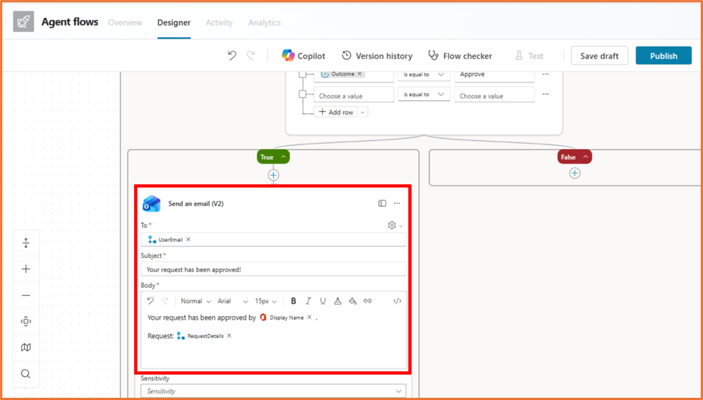Email action in a flow showing recipient, subject, and body fields for request approval notification.
