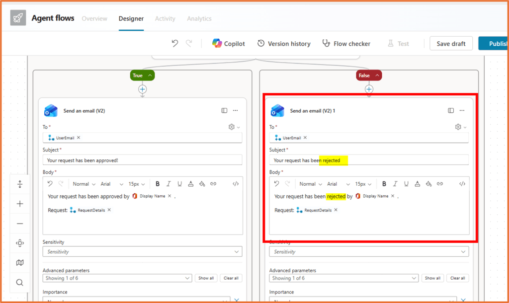 Email response configuration showing approval and rejection messages in agent flows.