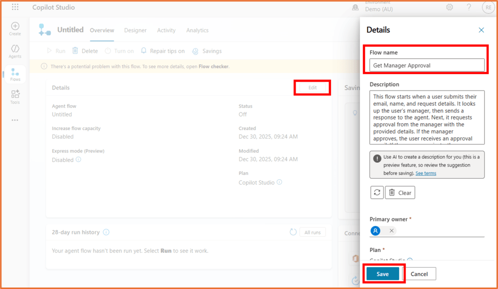 Screenshot of Copilot Studio interface showing details of an agent flow named 'Get Manager Approval'. The flow's status, description, and options to edit and save are visible.