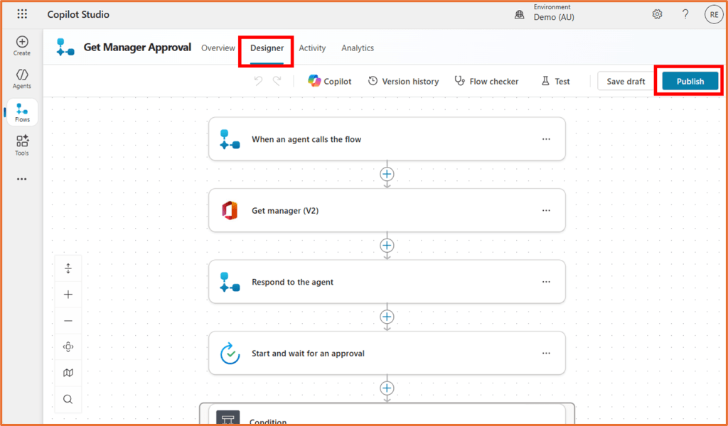 Screenshot of Copilot Studio flow design interface showing the steps to create a manager approval agent flow, including sections for calling the flow, getting manager details, responding to the agent, starting the approval process, and setting conditions.