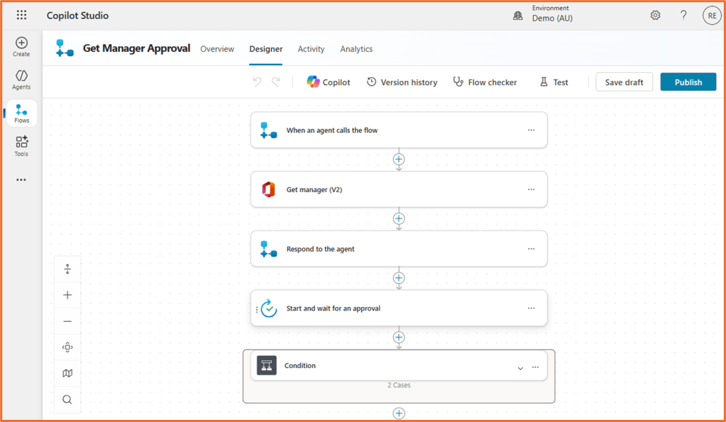 Flow diagram in Copilot Studio showing steps for getting manager approval including triggers and actions.