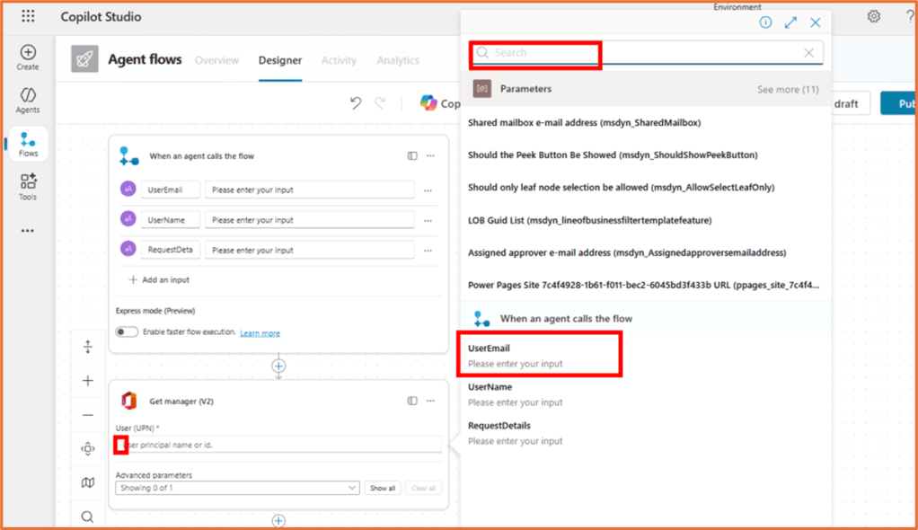 Screenshot of Copilot Studio showing the interface for creating an agent flow, including input fields for UserEmail, UserName, and RequestDetails.