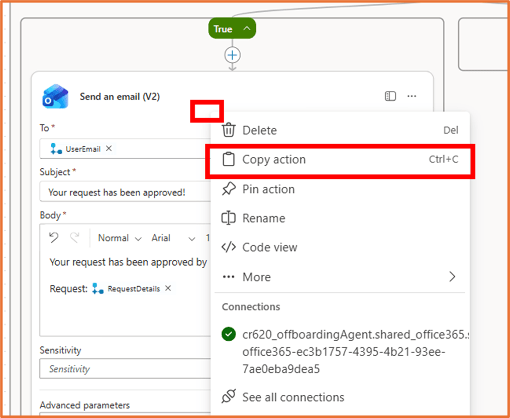 Screenshot of a Microsoft Power Automate interface showing the options to send an email, with the 'Copy action' option highlighted.