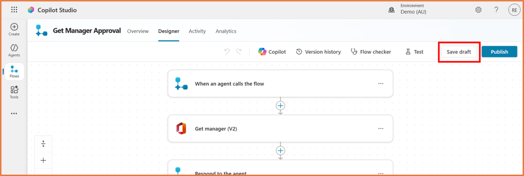 Screenshot of Copilot Studio showing the flow designer interface for creating and managing automated processes. The interface includes options for saving drafts and publishing flows.
