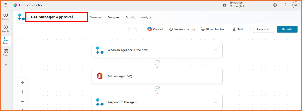 Screenshot of Copilot Studio's flow designer with the title 'Get Manager Approval' highlighted. It shows the flow steps including 'When an agent calls the flow', 'Get manager (V2)', and 'Respond to the agent'.