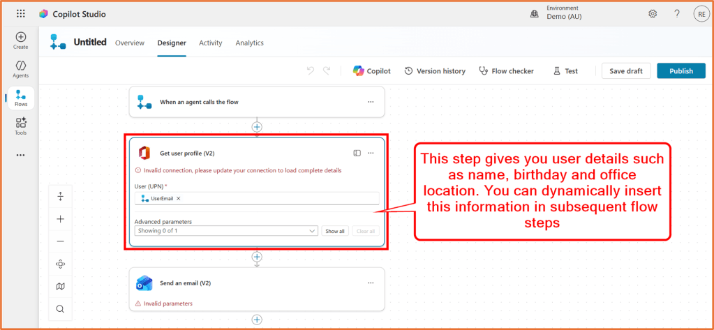 Screenshot of the Copilot Studio flow designer interface showing a flow step to get user profile details, with fields for user email address and invalid connection notification.