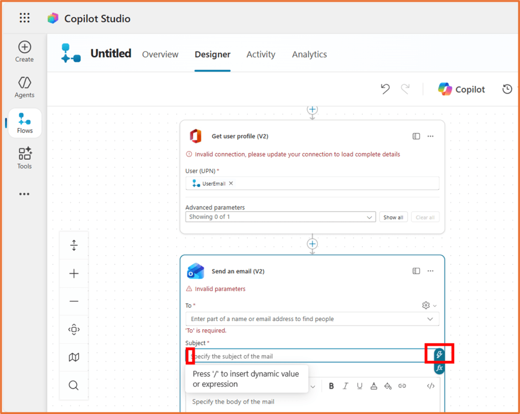 Screenshot of the Copilot Studio flow designer interface showing actions to get a user's profile and send an email, along with error messages for invalid connection and parameters.