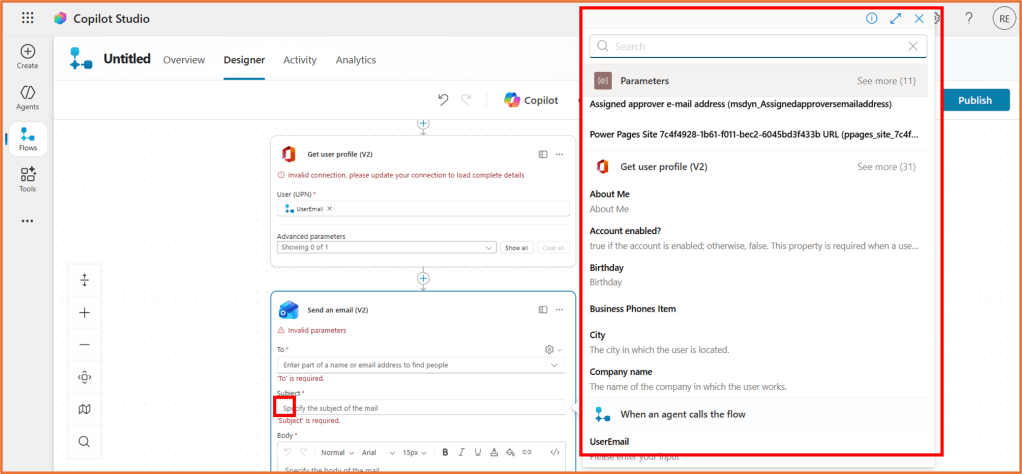 Screenshot of the Copilot Studio flow designer interface showing the parameters and actions for a user profile and email, including input fields and error messages.
