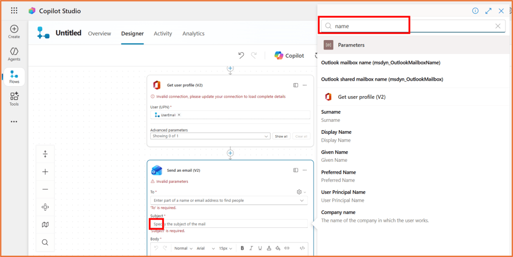 Screenshot of Copilot Studio's flow designer interface, showcasing the 'get user profile' and 'send an email' actions along with parameter settings and a search bar.