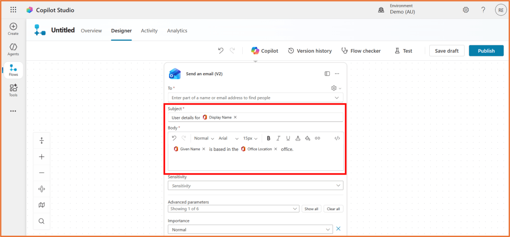 Screenshot of the Copilot Studio Designer interface, displaying an email action setup with fields for 'To', 'Subject', and 'Body'. The body includes dynamic content for user details like given name and office location.