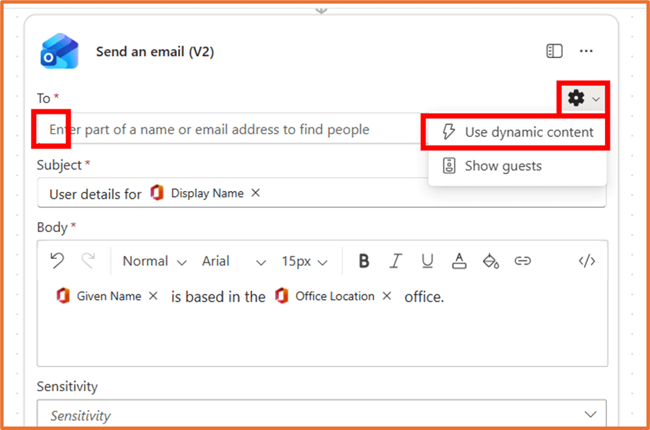Screenshot of the email action in a flow designer, showing fields for 'To', 'Subject', and 'Body' with an option to use dynamic content highlighted.