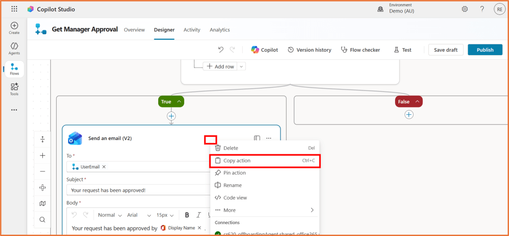 Screenshot of the Copilot Studio flow designer showing the option to copy an action within an email sending task.