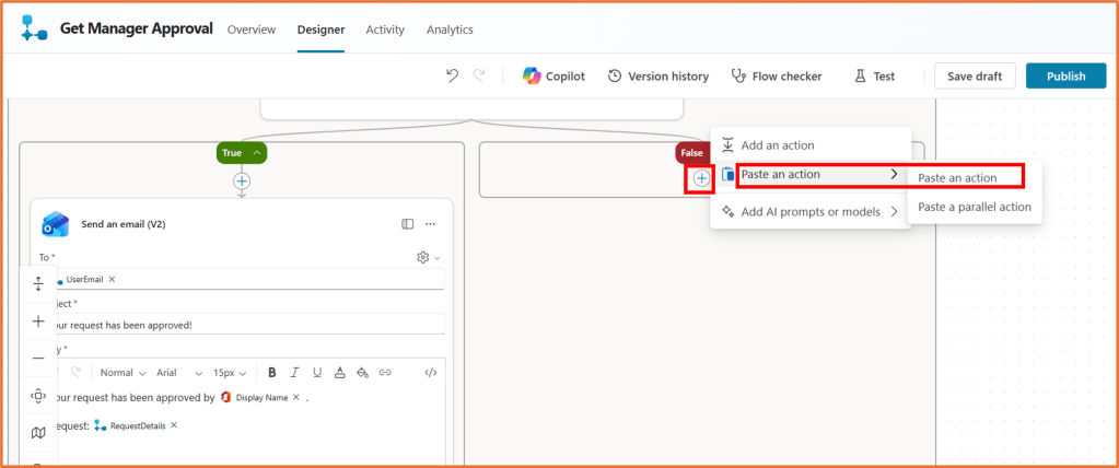 Screenshot of the designer interface in Copilot Studio showing the creation of an approval flow. Includes an email action with fields for recipient and subject, along with options to add or paste actions.