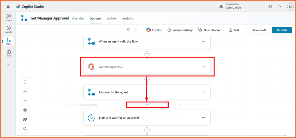Screenshot of Copilot Studio's flow designer interface showing the 'Get Manager Approval' flow with highlighted actions and connections.