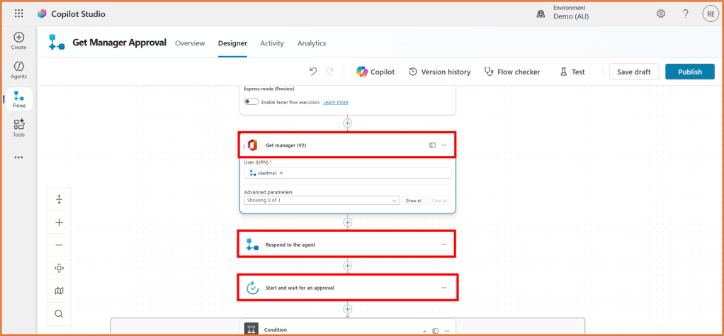 Screenshot of Copilot Studio's designer interface displaying a 'Get Manager Approval' flow with user parameters and action steps outlined.