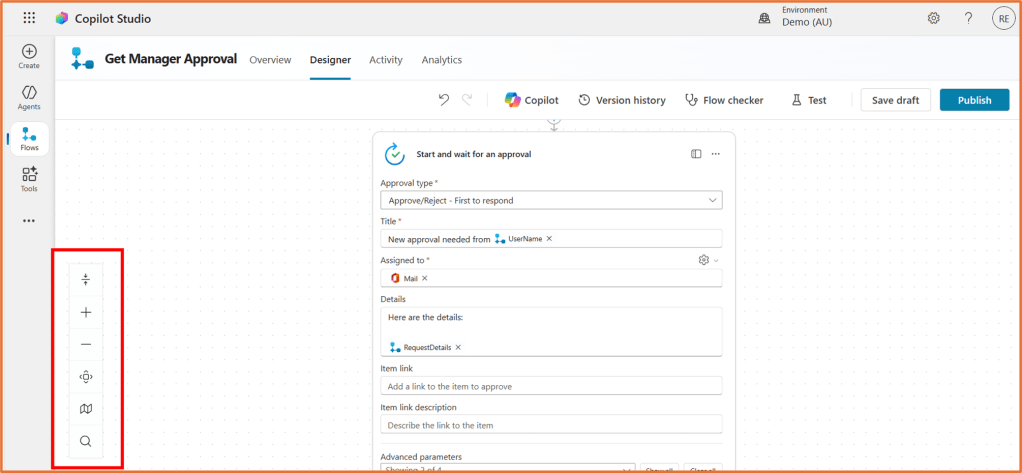 Screenshot of the Copilot Studio interface showing the 'Get Manager Approval' flow design. The left sidebar contains tools for managing flow actions, while the main area displays input fields for the approval type and details.