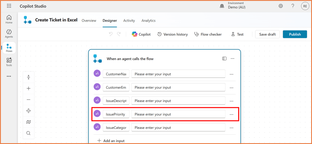 Screenshot of Copilot Studio interface displaying input prompts for ticket creation, including fields for customer name, email, issue description, issue priority, and issue category.