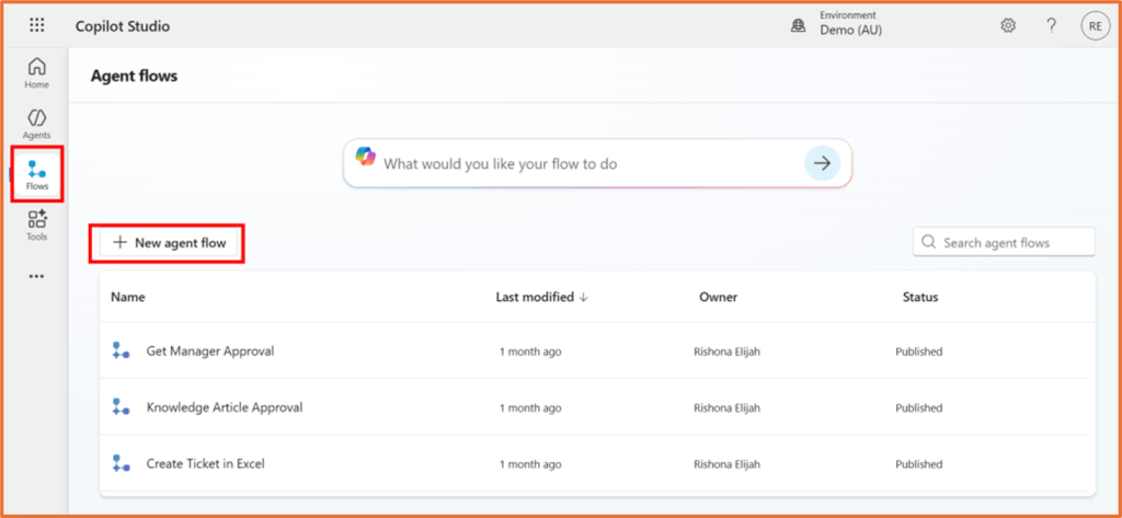 Screenshot of the Copilot Studio interface showing the 'Agent flows' section with options to create a new agent flow.