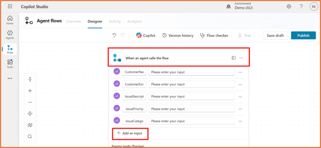 Screenshot of Copilot Studio showing the agent flow designer interface, with a focus on the input fields including CustomerName, CustomerEmail, IssueDescription, IssuePriority, and IssueCategory.