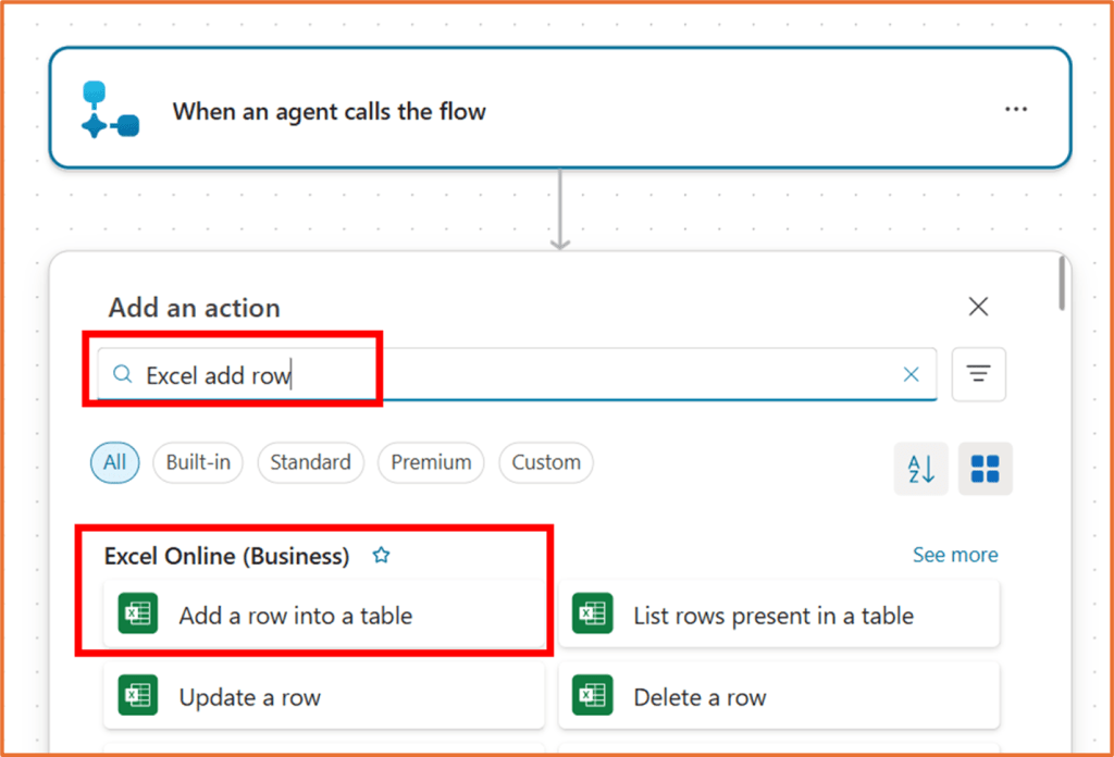 Screenshot showing the action 'When an agent calls the flow' in a workflow application, with highlighted options for adding an Excel action.