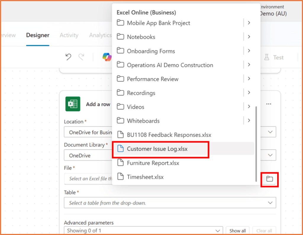 Dropdown menu in Excel Online showing available files to select, including 'Customer Issue Log.xlsx'.