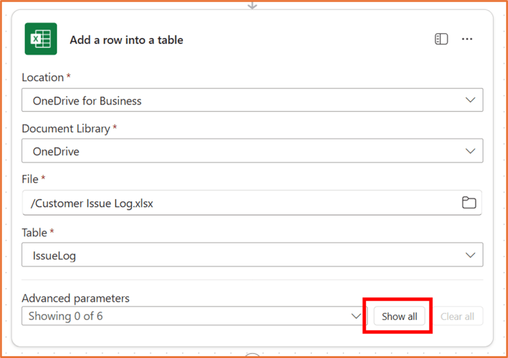 Screenshot of the Excel action 'Add a row into a table' in Microsoft Power Automate, showing fields for Location, Document Library, File, and Table.
