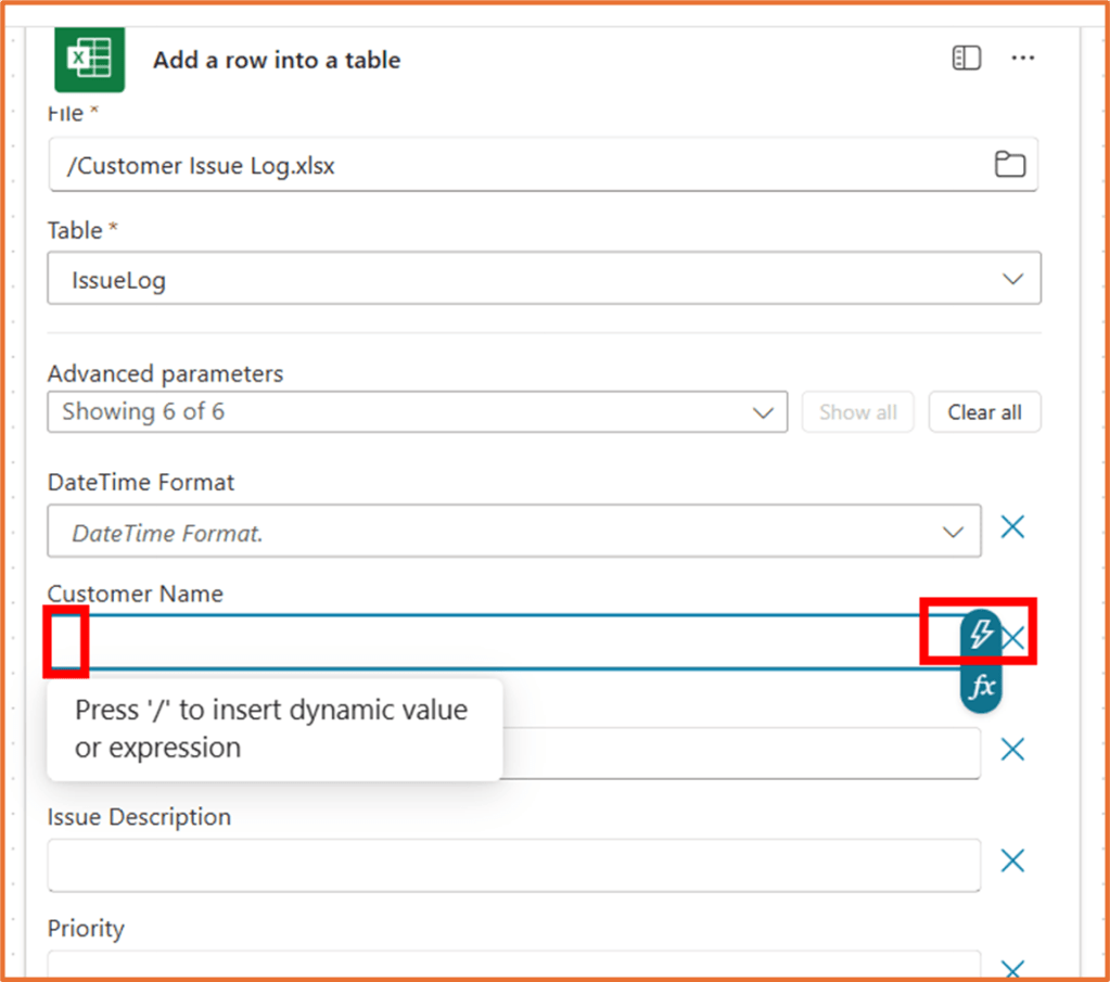 Excel interface for adding a row to a table, showing fields for file selection, table name, advanced parameters, customer name, issue description, and priority.