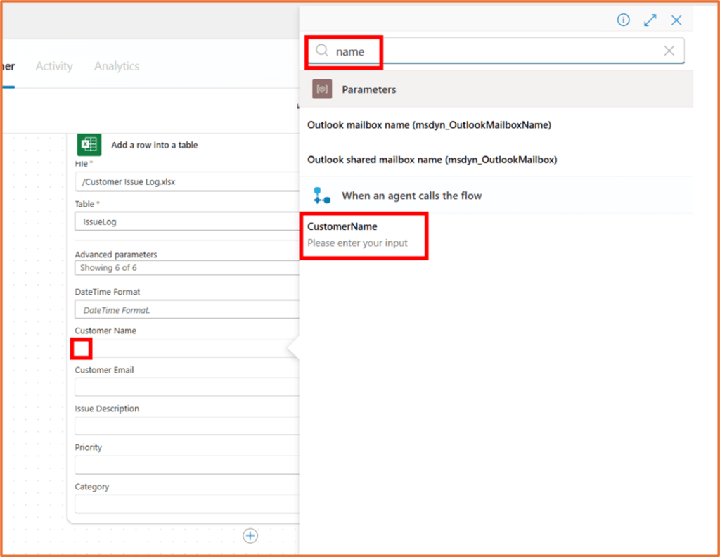 Screenshot of an agent flow setup in Copilot Studio showing parameters for adding a row into an Excel table, including fields for Customer Name, Customer Email, Issue Description, Priority, and Category.