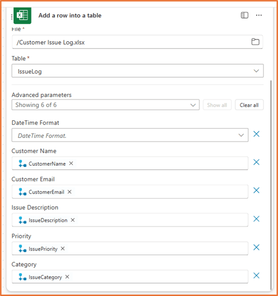Interface for adding a row into an Excel table, featuring input fields for customer details including name, email, issue description, priority, and category.