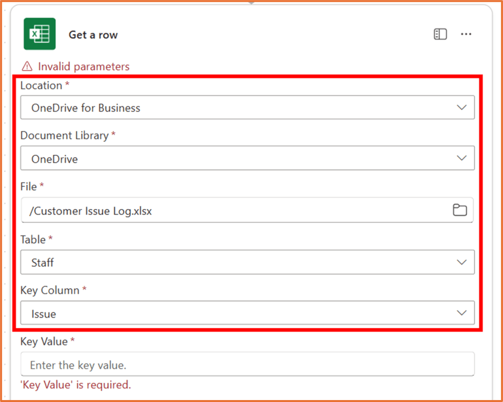 Screenshot of the 'Get a row' action in Excel, showing fields to specify location, document library, file, table, key column, and key value, with an error message for invalid parameters.
