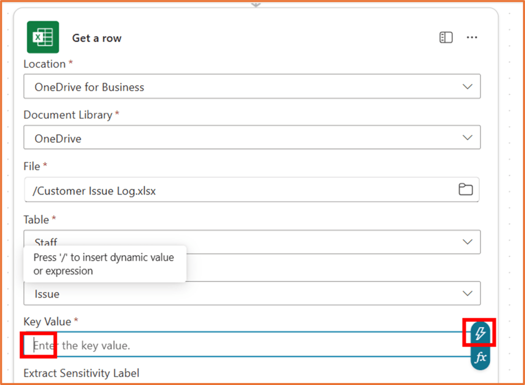 Screenshot of the 'Get a row' action in Excel with fields for Location, Document Library, File, Table, and Key Value labeled.