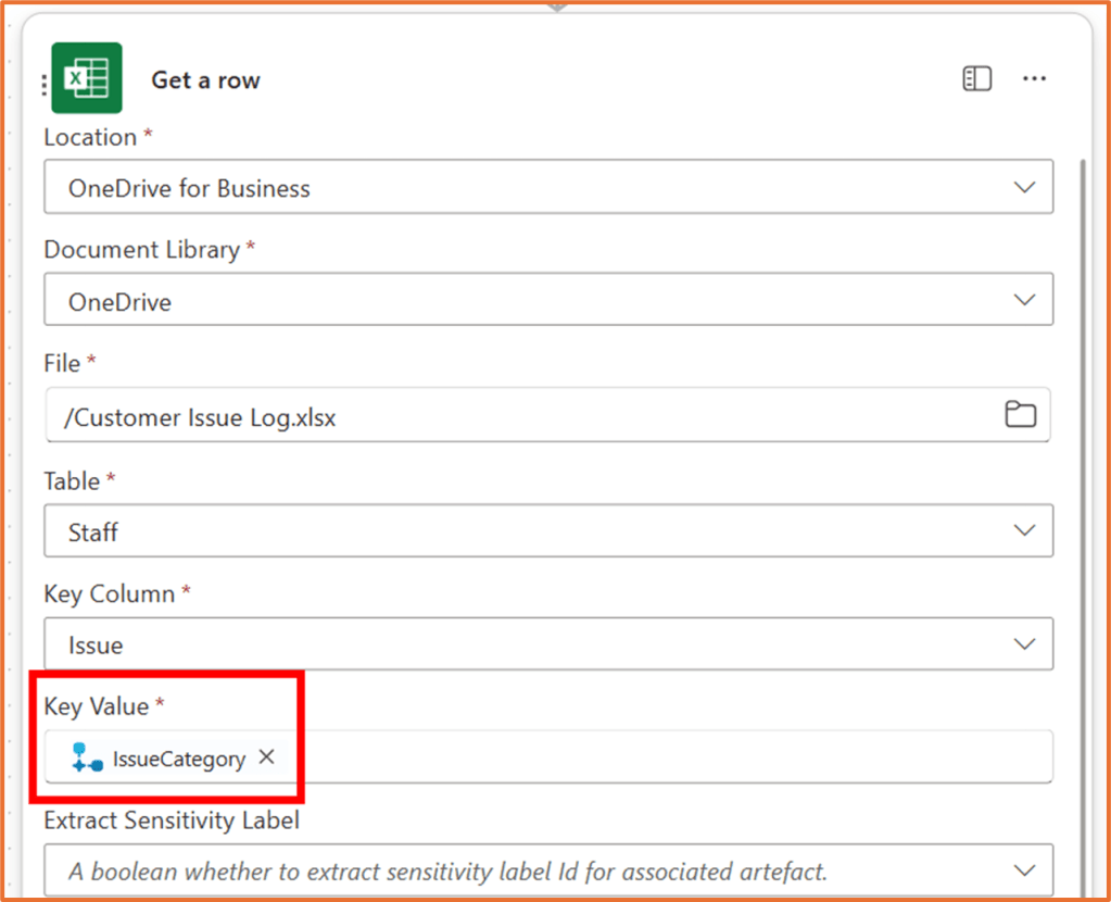 Excel interface showing the 'Get a row' action with fields for Location, Document Library, File, Table, Key Column, and Key Value.