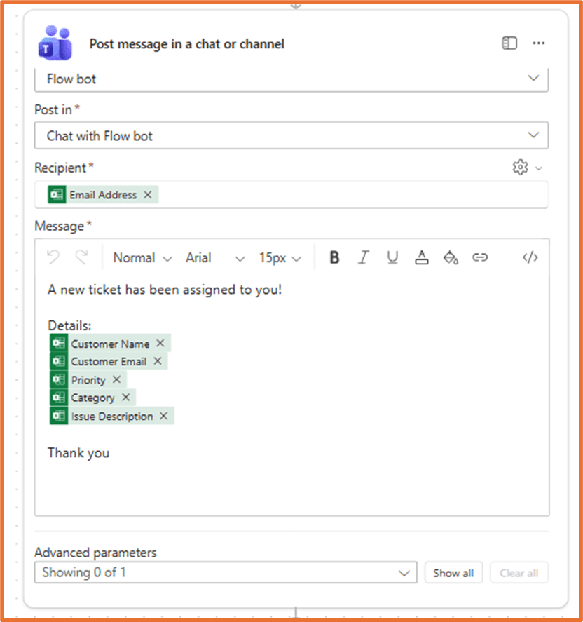 Screenshot of a Microsoft Teams message configuration for posting a notification about a new ticket assignment, including fields for recipient email and ticket details.