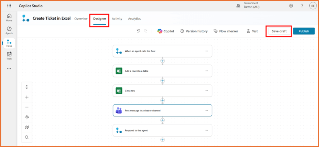Screenshot of Copilot Studio interface displaying the agent flow design options including steps for creating a ticket in Excel.
