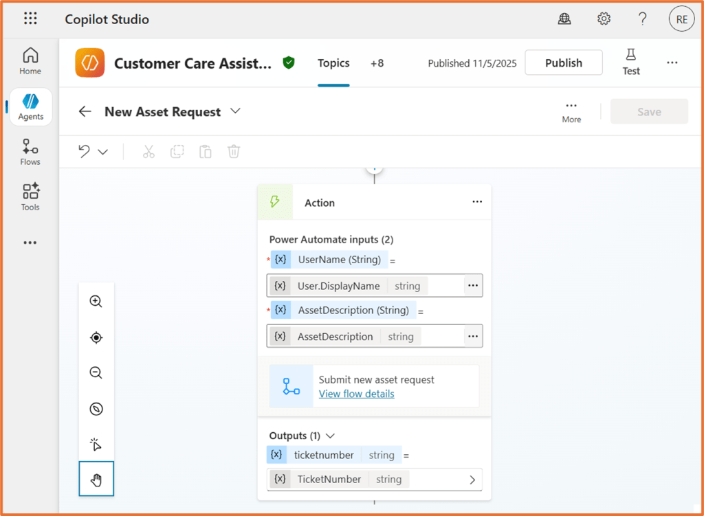 Screenshot of Copilot Studio interface displaying an action node for a new asset request, with fields for user input and outputs.