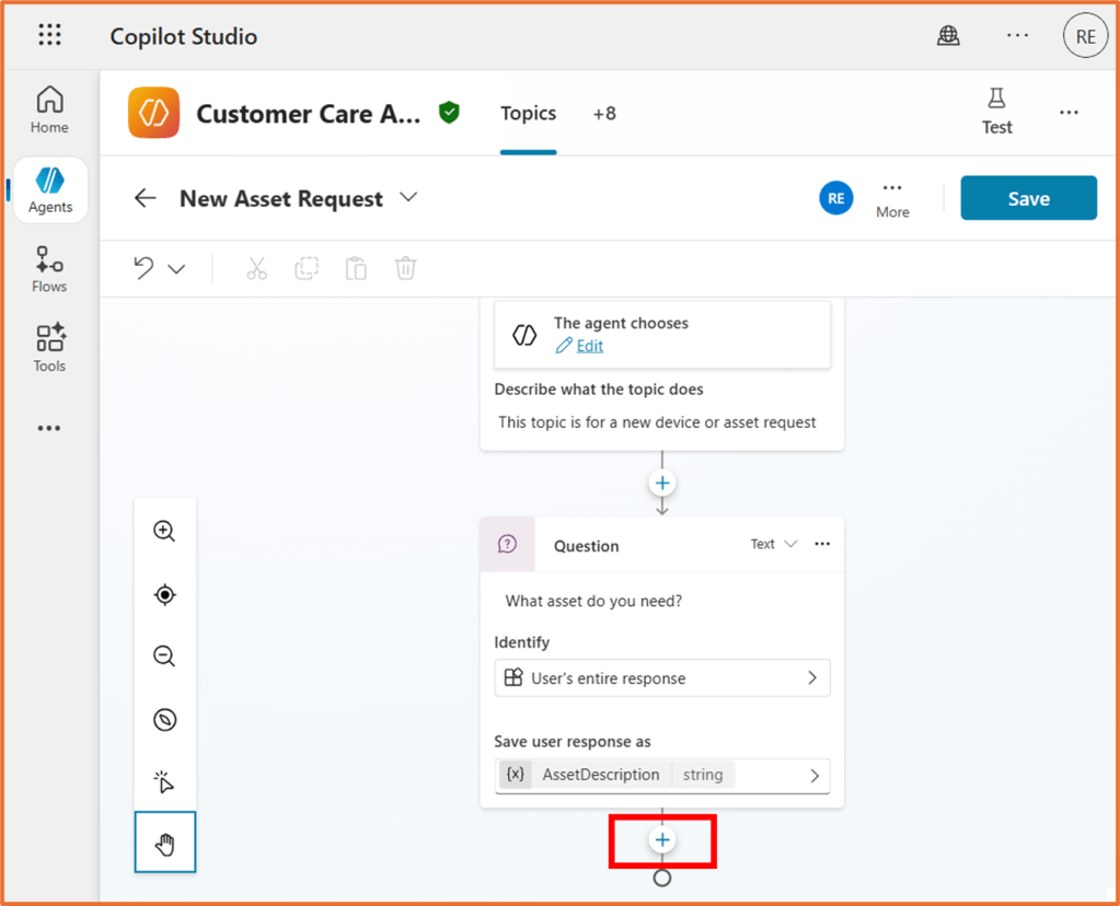 Screenshot of Copilot Studio interface showing the 'New Asset Request' topic with an editable description and a question node asking for asset details.