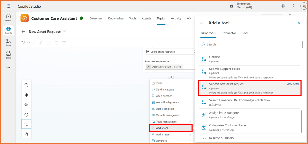 Screenshot of Copilot Studio interface showing the 'Add a tool' section for a Customer Care Assistant agent, with options to submit a new asset request and other basic tools.
