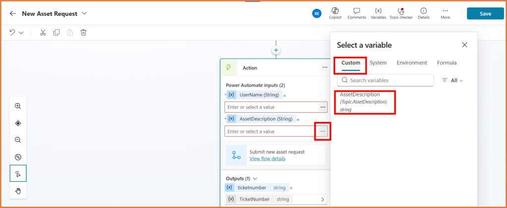 Screenshot of a user interface in Copilot Studio, showing the process of selecting Power Automate inputs for an asset request, including fields for UserName and AssetDescription.