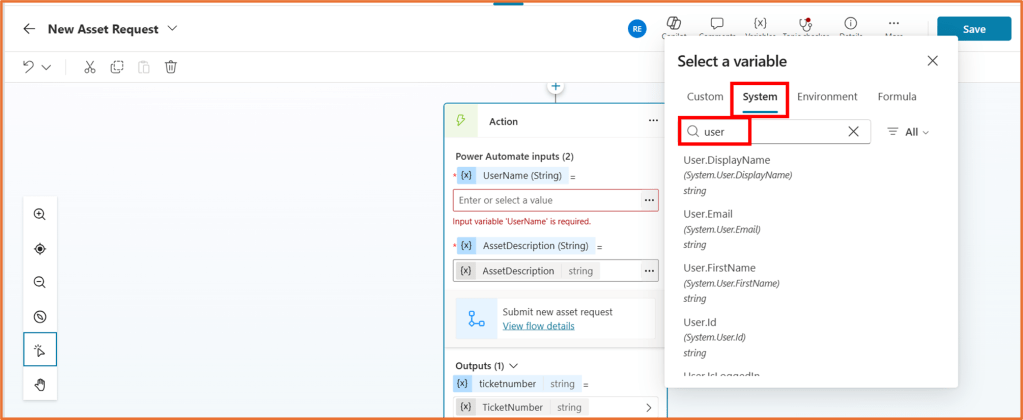 Screenshot of the Copilot Studio interface showing the inputs and outputs for adding a new asset request, including variable selection options.