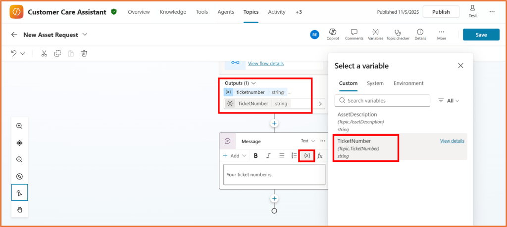 Screenshot of a Copilot Studio interface showing an agent flow creation with outputs labeled as TicketNumber and AssetDescription.