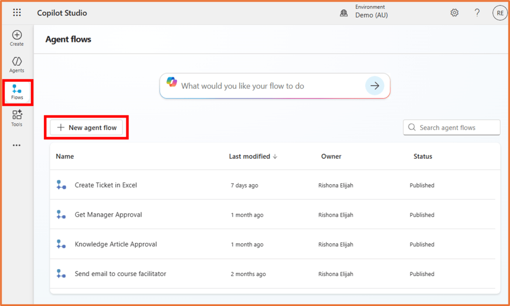 Screenshot of Copilot Studio displaying the 'Agent flows' section with buttons for 'Flows' and 'New agent flow'.