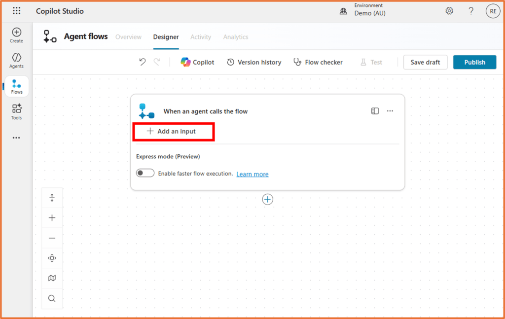 Copilot Studio interface showing an action to add an input in an agent flow design.