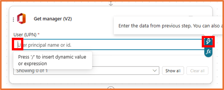 Screenshot of the 'Get manager (V2)' action in Copilot Studio, showing the User (UPN) input field and the option to insert dynamic values.