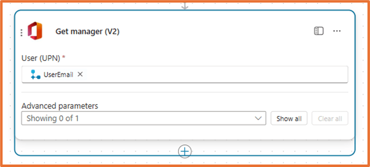Screenshot of the 'Get manager (V2)' action in Copilot Studio, displaying a field for 'User (UPN)' with the input 'UserEmail'.
