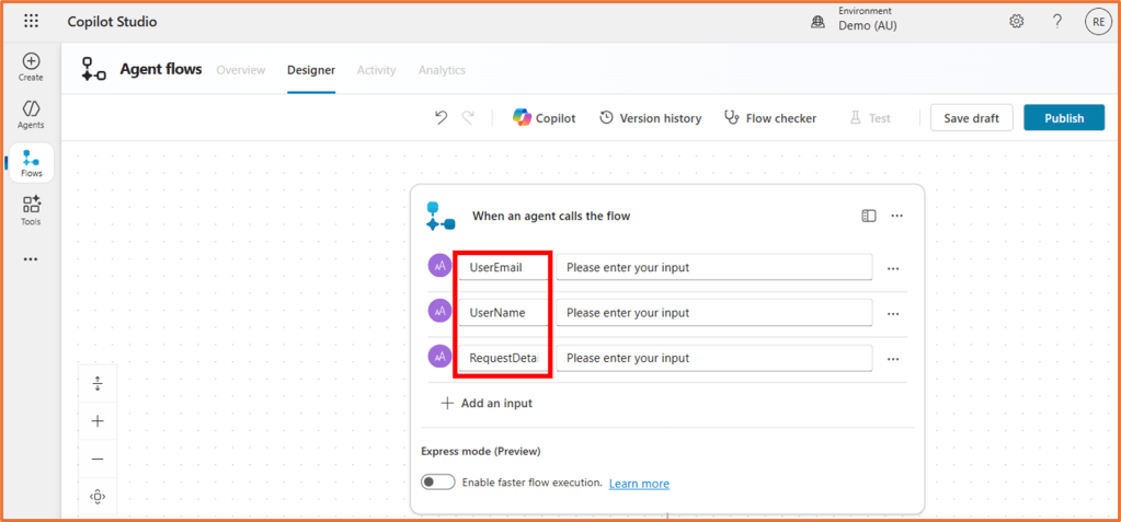 Screenshot of the Copilot Studio interface showing the agent flow designer with fields for UserEmail, UserName, and RequestDetails inputs.