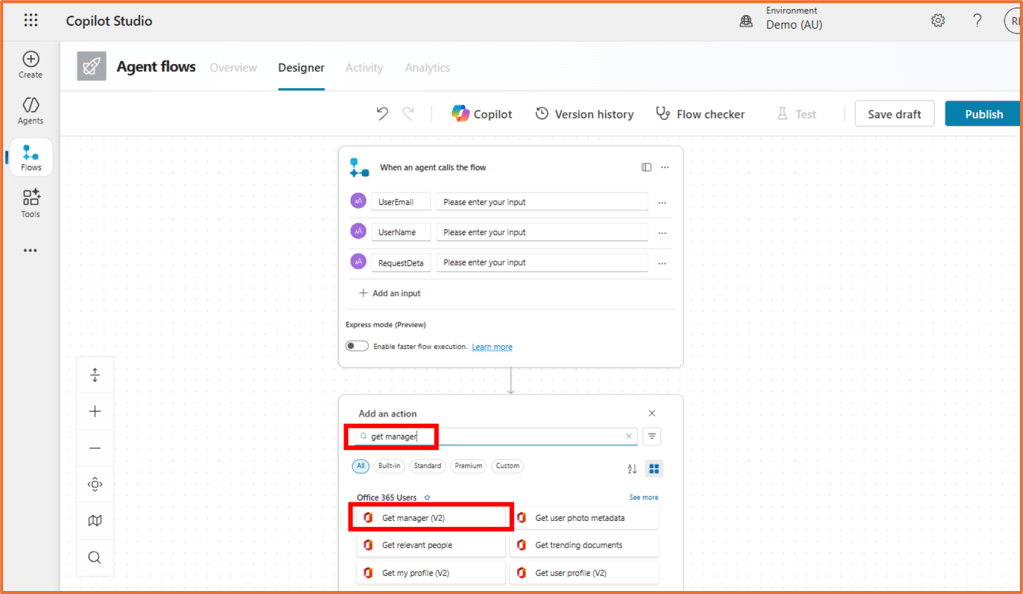 Screenshot of Copilot Studio's agent flow designer showing the configuration of inputs for UserEmail, UserName, and RequestDetails, along with the 'Get manager (V2)' action from the Office 365 Users connector.