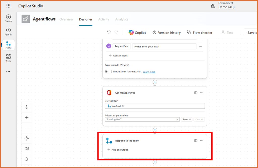 Screenshot of the Copilot Studio interface showing the designer view for agent flows, with components for input requests, getting the user's manager, and responding to the agent highlighted.