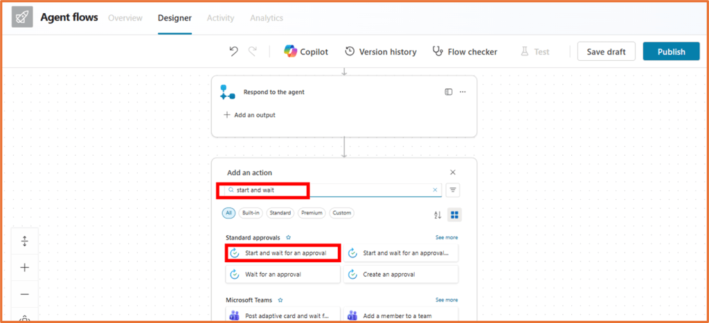 Screenshot showing the Copilot Studio interface for creating an agent flow, with the action 'Start and wait for an approval' highlighted.